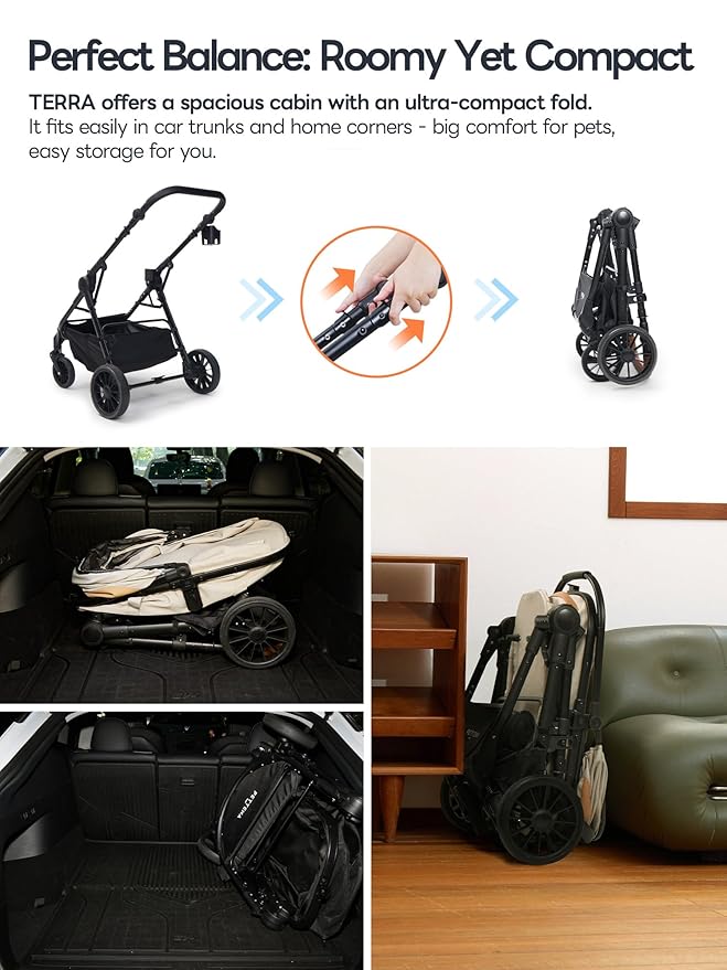 Pet Stroller with 4 Wheels, 4 in 1 Folding Puppy Strollers for Small/Medium Dogs up to 66lbs, Lightweight Pet Travel Carrier with Detachable Carrier/Storage Basket, One Click Folding, Beige
