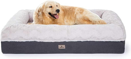 PetFun Memory Foam XL Dog Bed for XLarge Sized, Extra Large Orthopedic Dog Sofa with Sides and Waterproof Liner, Washable Bolster Pet Bed Couch with Removable Cover, 50x38x13 Inch, Beige