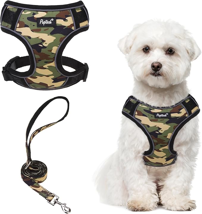 PUPTECK Small Dog Harness and Leash Set, No Pull Adjustable Puppy Cat Harness, Reflective Soft Mesh Pet Vest Small Sized, Camouflage, M