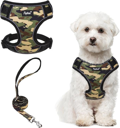 PUPTECK Small Dog Harness and Leash Set, No Pull Adjustable Puppy Cat Harness, Reflective Soft Mesh Pet Vest Small Sized, Camouflage, M