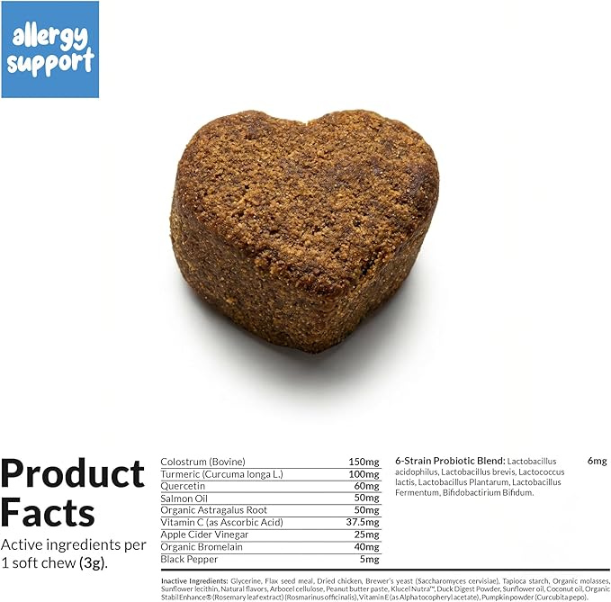 Allergy Support for Dogs - with Vitamin C, Omega 3 and Colostrum - Itch Relief, Allergy Relief for Dogs, Skin Soother - with Probiotics for Immune System Health (90 Soft Chews)