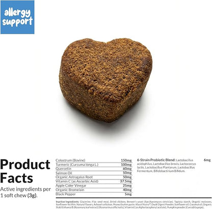 Allergy Support for Dogs - with Vitamin C, Omega 3 and Colostrum - Itch Relief, Allergy Relief for Dogs, Skin Soother - with Probiotics for Immune System Health (90 Soft Chews)