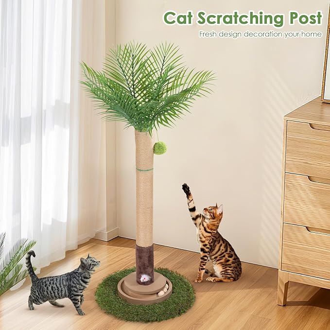 Cat Scratching Post, 35 Inch Tall Cat Scratcher Cat Tree Tower with Hanging Ball for Indoor Cats Adults,Areca Palm Sisal Rope Kitten Scratch with Interactive Mouse Cat Toy