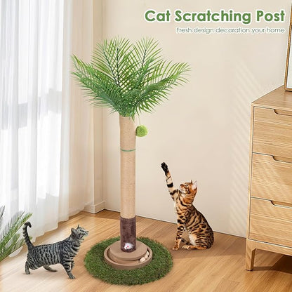 Cat Scratching Post, 35 Inch Tall Cat Scratcher Cat Tree Tower with Hanging Ball for Indoor Cats Adults,Areca Palm Sisal Rope Kitten Scratch with Interactive Mouse Cat Toy
