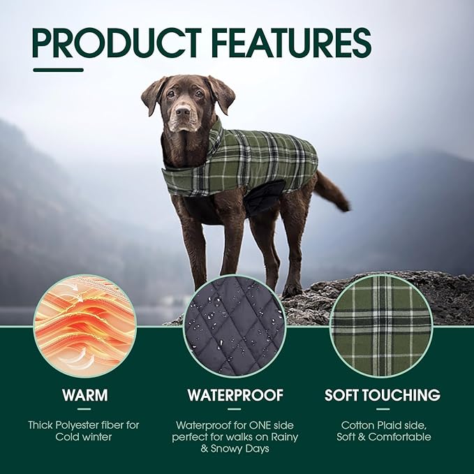 Kuoser Warm Dog Coat, Waterproof Dog Jacket for Extra Large Dogs, Adjustable Durable XXXL Doggie Winter Coat Reversible Puppy Cold Weather Apparel for Large Breed, Green 3XL