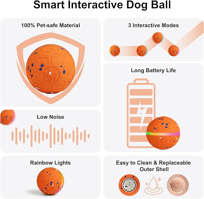 JEISOTHB Interactive Dog Toys Dog Ball, Durable E-TPU Material,3 Play Modes with Colorful Lights, Automatic Moving, Bouncing and Rotating for Medium and Large Dogs Indoor & Outdoor (Orange)