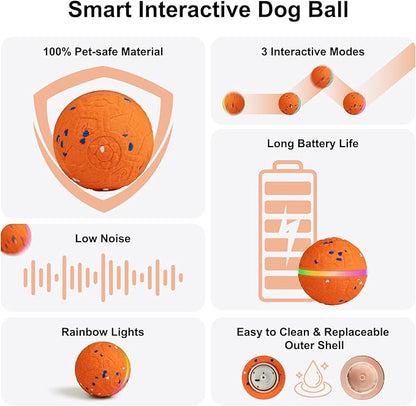 JEISOTHB Interactive Dog Toys Dog Ball, Durable E-TPU Material,3 Play Modes with Colorful Lights, Automatic Moving, Bouncing and Rotating for Medium and Large Dogs Indoor & Outdoor (Orange)