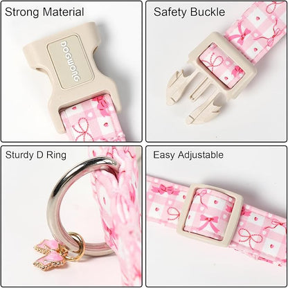 DOGWONG Pink Plaid Dog Collar-Cute Pink Bowtie Print Dog Collar, Adjustable Cotton Girl Female Pet Collar with Quick Release Buckle,L
