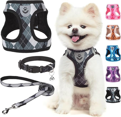 SCENEREAL Small Dog Harness and Leash Collar Set, Step in No Pull Soft Mesh Dog Harnesses for Small Medium Sized Dogs Puppy and Cats Outdoor Walking, No Chock Reflective Vest Harness, Black Plaid XS