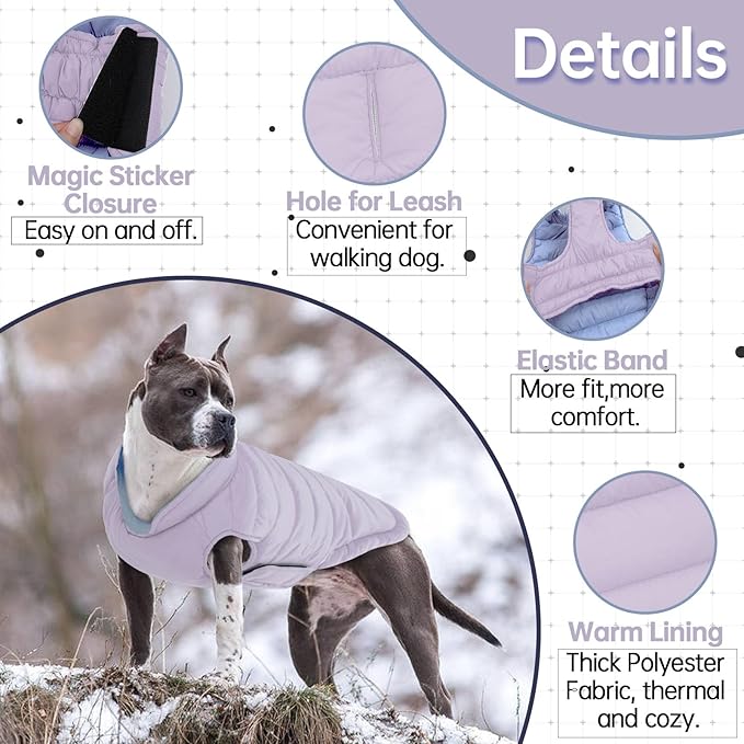 Lelepet Reversible Dog Coat Waterproof Dog Jacket Windproof Puffer Vest for Winter Warm Lightweight Coats for Small Dogs Adjustbale Hook & Loop Pet Apparel with Leash Hole, Chihuahua, Purple, XS