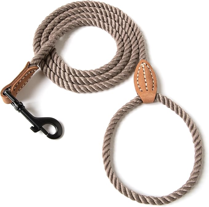 Mile High Life Dog Leash, Braided Cotton Rope Leashes with Leather Tip - Heavy Duty Metal Clasp, 6FT, 1/3" Thick - Wedding, Walking Leash for Small Medium Dogs(Camel)