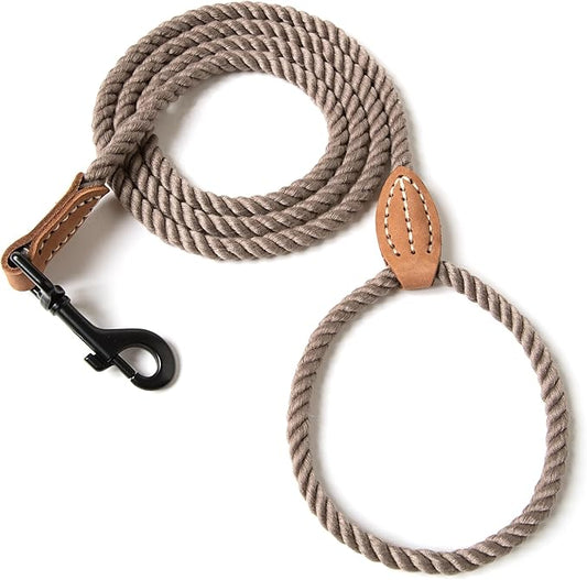 Mile High Life Dog Leash, Braided Cotton Rope Leashes with Leather Tip - Heavy Duty Metal Clasp, 4FT, 1/3" Thick - Wedding, Walking Leash for Small Medium Dogs(Camel)