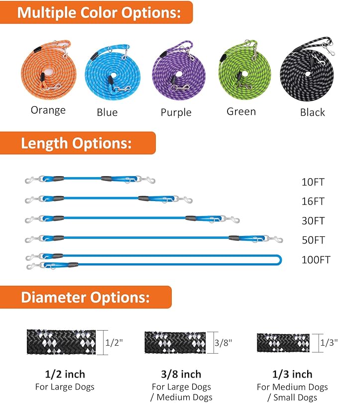 Long Rope Leash for Dog Training 10FT 16FT 30FT 50FT 100FT, Reflective Threads Check Cord Dog Long Line Leash for Large Medium Small Dogs, Dog Tie-Out Cable for Playing, Camping, or Backyard