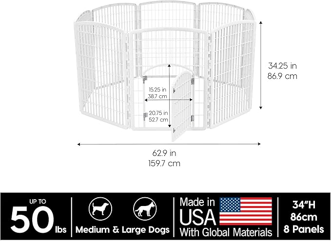IRIS USA 34" Exercise 8-Panel Pet Playpen with Door, Dog Playpen, Puppy Playpen, Small Medium Large Dogs, Keep Pets Secure, Easy Assemble, Rust-Free, Heavy-Duty Molded Plastic, Customizable, White