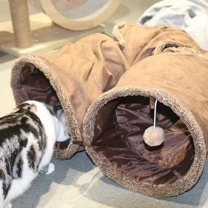 Terunat Cat Tunnel for Indoor Cats, 51×12 inch Foldable Big Cat Tunnel, Brown Suede Pet Tunnels with Two Peepholes and a Bubble Ball