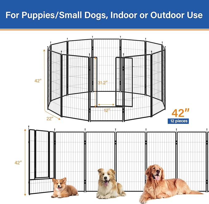 PETREEK Dog Playpen 42 inch 12 Panels for Indoor & Outdoor Use – Heavy-Duty Metal Pet Fence with Ground Stakes, Rounded Ball Tops for Safety, Stable & Foldable Design, Easy to Assemble