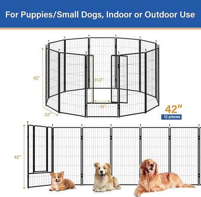 PETREEK Dog Playpen 42 inch 12 Panels for Indoor & Outdoor Use – Heavy-Duty Metal Pet Fence with Ground Stakes, Rounded Ball Tops for Safety, Stable & Foldable Design, Easy to Assemble