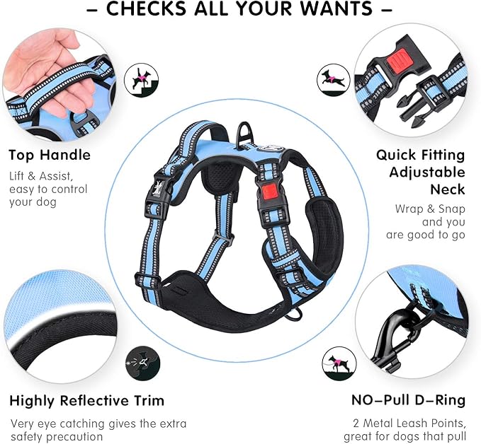 PoyPet No Pull Dog Harness, [Release on Neck] Reflective Adjustable No Choke Pet Vest with Front & Back 2 Leash Attachments, Soft Control Training Handle for Small Medium Large Dogs(Light Blue,M)