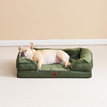 EHEYCIGA Orthopedic Dog Beds for Large Dogs, Waterproof Memory Foam Large Pet Bed with Sides, Non-Slip Bottom and Egg-Crate Foam Dog Couch Bed with Washable Removable Cover, Dark Green
