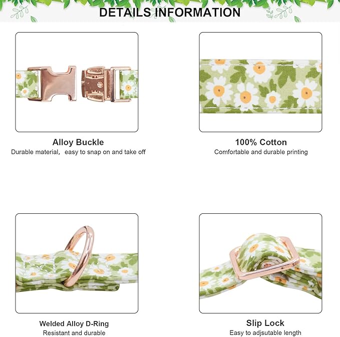 Metal Buckle Dog Collar, Durable Adjustable Dog Collar Soft for Small Medium Large Dogs (003-Green Flower, M(13-18in)