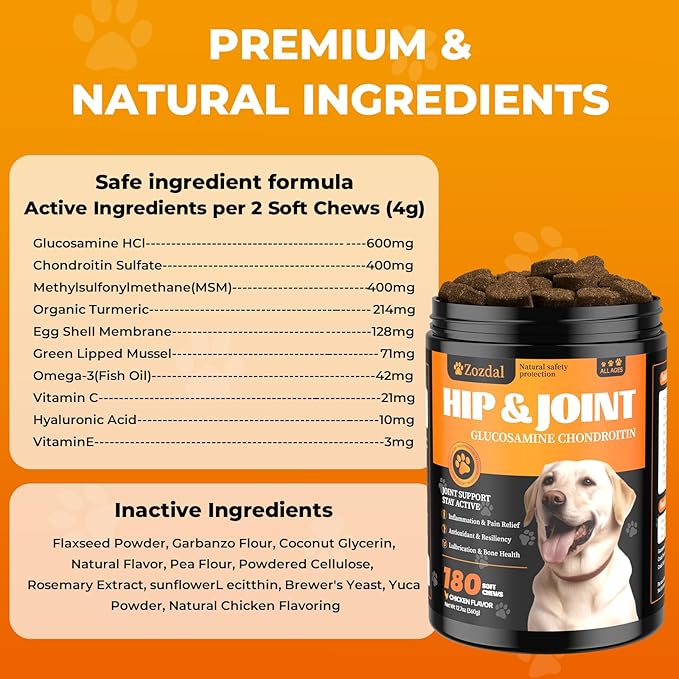 Joint Supplement for Dogs, 180 Chicken Flavor Chews, Glucosamine Chondroitin with MSM, Turmeric & Green Lipped Mussel, for Large Breed & Senior Dogs, Hip & Joint Pain Relief and Health Support