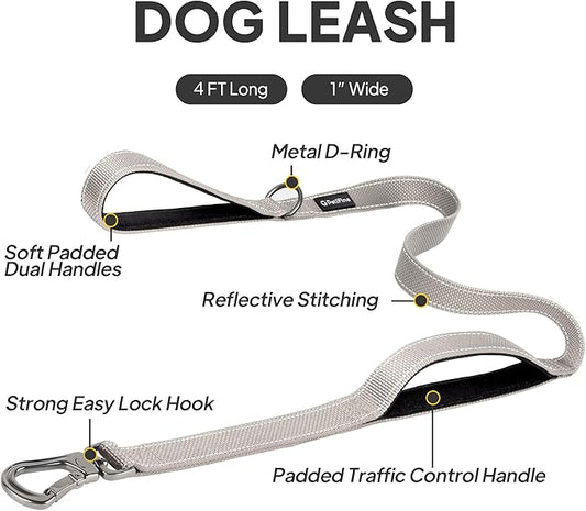 PetiFine 4FT Heavy Duty Dog Leash with Soft Padded Double Handle, Durable Strong Clasp Dog Leashes, Reflective Nylon Walking Lead for Large,Medium,Small Breed Dogs, Grey