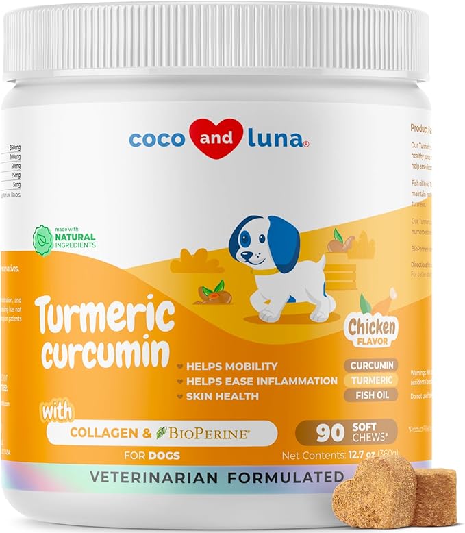 Turmeric Curcumin for Dogs - 90 Soft Chews - with Collagen, BioPerine and Fish Oil - Hip & Joint Support, Ease Inflammation, Antioxidant.