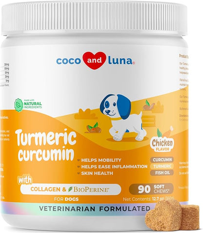 Turmeric Curcumin for Dogs - 90 Soft Chews - with Collagen, BioPerine and Fish Oil - Hip & Joint Support, Ease Inflammation, Antioxidant.