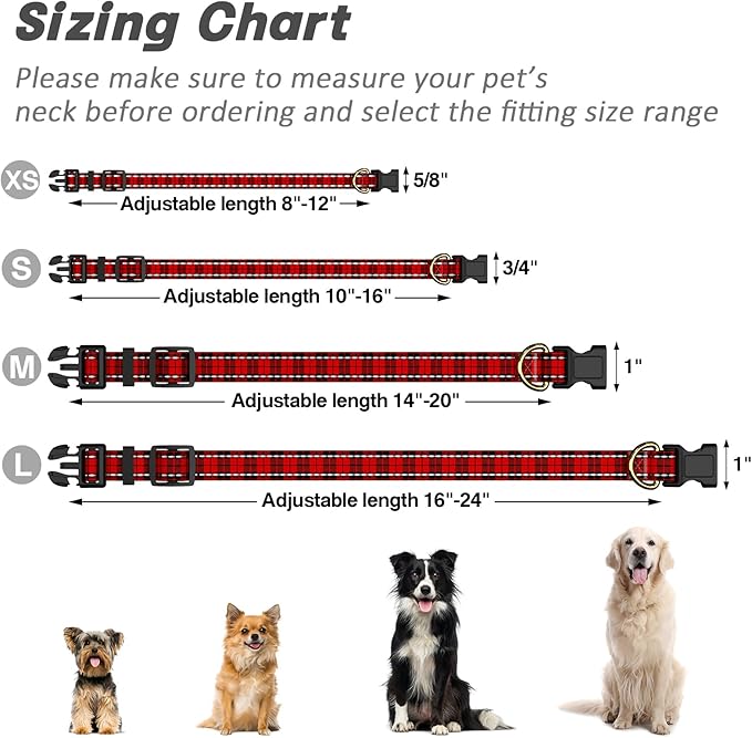 Reflective Dog Collar for Small Dogs, Cute Boho Adjustable Heavy-Duty Nylon Puppy Collar for Boy and Girl Female, Soft Pet Accessories with Quick Release Buckle, Black Red Tartan
