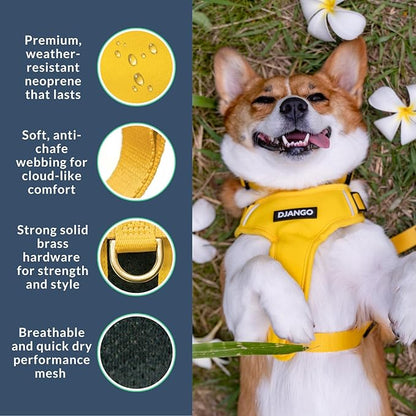DJANGO Adventure Dog Harness - Stylish Small Dog Harness for Outdoor Adventures and Everyday Wear - Dandelion Yellow Neoprene Adjustable Harness for Dogs with Reflective Piping and Solid Brass D-Ring