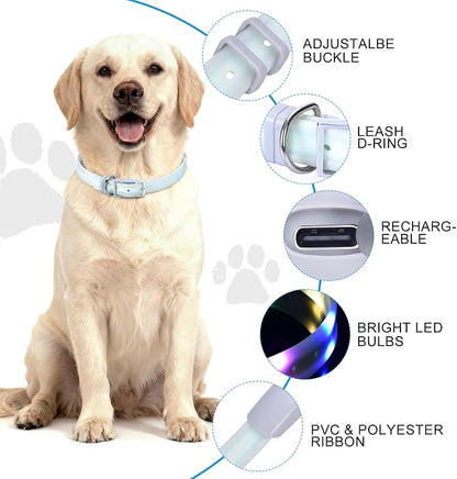 Lighted Dog Collar, Rechargeable Light Up Pet Collar, Waterproof LED Dog Collar Glow in The Dark, Make Pet Visible and Safety for Night Walking for Small Medium Large Dogs (Rainbow)