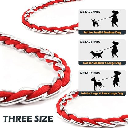 Chew Proof Metal Leash Chain Dog Leash for Medium Large Dogs, Chain Link Anti Chew 5.2FT Strong Anti Bite Comfortable Soft Padded Handle red
