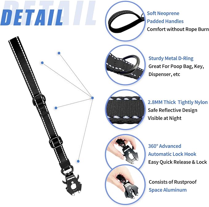 Strong Heavy Duty Dog Leash - Adjustable 15"-18" Reflective Nylon Training Leash with Padded Handle & Frog Clip, Traffic Control for Large Medium Dogs No Pull Walking Black Pink