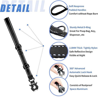 Strong Heavy Duty Dog Leash - Adjustable 15"-18" Reflective Nylon Training Leash with Padded Handle & Frog Clip, Traffic Control for Large Medium Dogs No Pull Walking Black