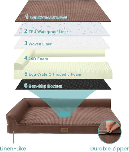 COZY KISS Orthopedic Dog Bed for Large Size Dog, XL Dogs Crate Bed, L Shaped Foam Anti-Slip Bottom Pet Cat Sofa with Washable Removable Cover, Suitable for Pet Up to 100 lbs, 42x30x7.5 inch, Brown