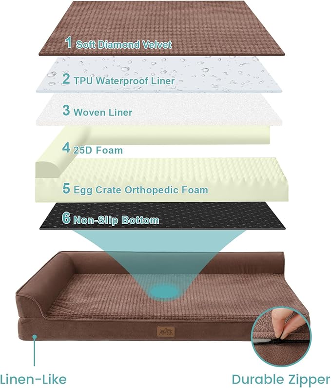 COZY KISS Orthopedic Dog Bed for Medium Small Size Dog, Dogs Crate Bed, L Shaped Foam Anti-Slip Bottom Pet Cat Sofa with Washable Removable Cover, Suitable for Pet Up to 40 lbs, 30x20x7.5 inch, Brown