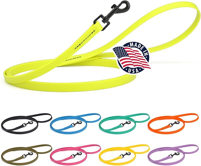Dogline Biothane Waterproof Dog Leash Strong Coated Nylon Webbing with Black Hardware Odor-Proof Easy to Clean High Performance for Small or Large Dogs Made in USA 4 or 6 ft Lead, Safety Yellow