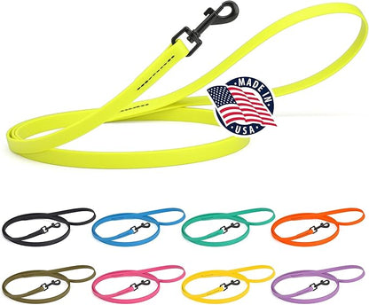 Dogline Biothane Waterproof Dog Leash Strong Coated Nylon Webbing with Black Hardware Odor-Proof Easy to Clean High Performance for Small or Large Dogs Made in USA 4 or 6 ft Lead, Safety Yellow