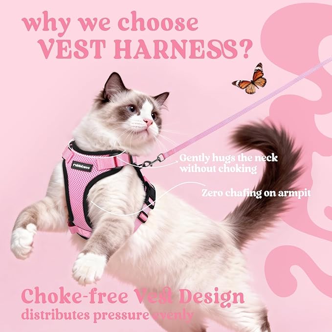 rabbitgoo Cat Harness and Leash for Walking, Escape Proof Soft Adjustable Vest Harnesses for Cats, Easy Control Breathable Reflective Strips Jacket, Pink, M