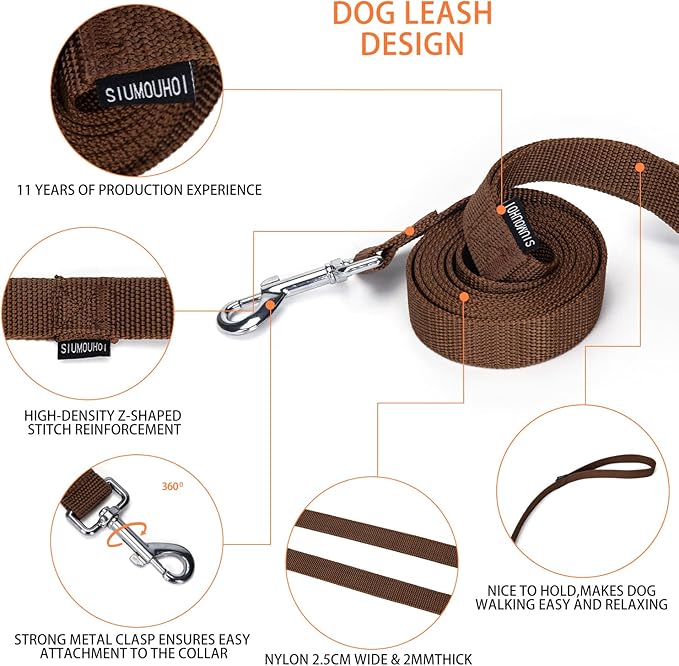 Siumouhoi Strong Durable Nylon Dog Training Leash, 1 Inch Wide Traction Rope, 6 ft 10ft 15ft Long, for Small and Medium Dog (Brown, 6 Feet)