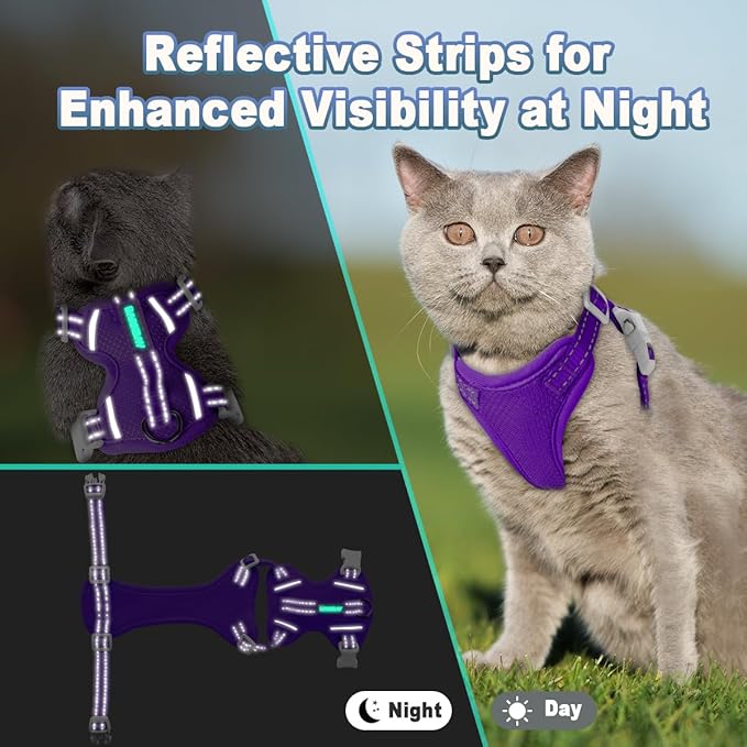 Cat Harness and Leash Set Escape Proof for Kitten Walking, Soft Adjustable Top Handle Vest Harnesses for Cats, Easy Control Breathable Reflective Small Medium Large, Purple, S