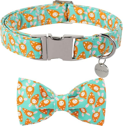 Easter Dog Collar with Bow Tie, Lovely Cotton Easter Carrot Adjustable Bowtie Collar for Girl Boy Dog, Adorable Carrots Puppy Collars with Metal Buckle,L, Neck 16-24in