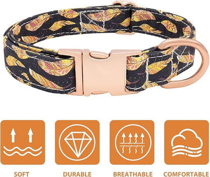 Dog Collar and Leash Set Adjustable Girls Puppy Floral Collars with Bow Tie for Small Medium Large Dogs(L, Feather)
