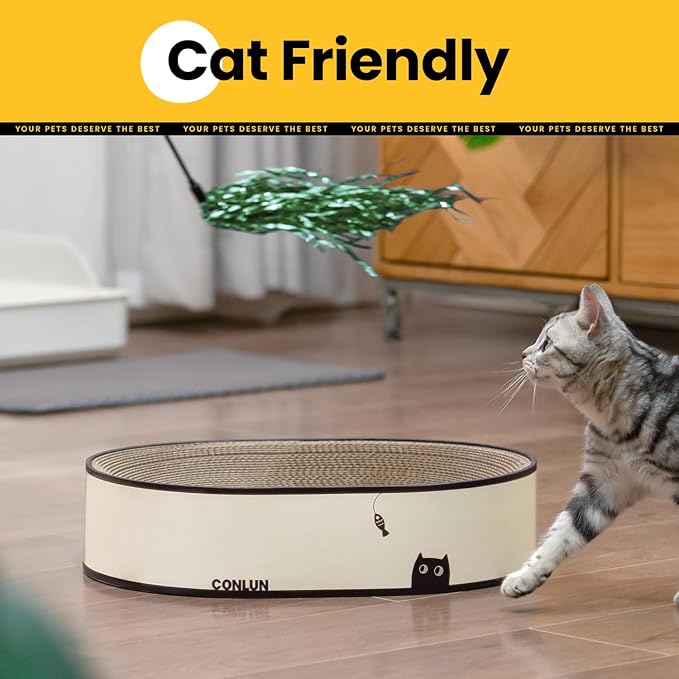 Conlun Oval Cat Scratcher Bed, 2-in-1 Cat Scratching Board, Natural Corrugated Cardboard Scratch Pad Lounge, Sealed Base Traps Debris,No Assembly Kitty Furniture,Stylish Colors Blends Any Home Decor
