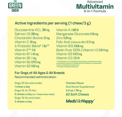 MedsMeHappy 8-in-1 Advanced Multivitamin for Dogs - Omega-3, Joint & Bone Support, Skin & Coat Health - Dog Vitamins & Probiotics for Digestion - Dog Supplies Chicken Flavored 60 Soft Chews