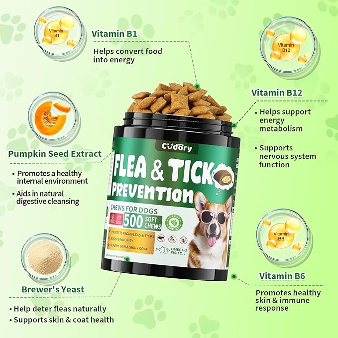 Flea and Tick Prevention for Dogs Chews- 500 Crunchy & Creamy Chews, Dogs Flea Chewables with Skin & Coat Support - Oral Supplement for All Breeds & Ages - Chicken & Cheese Flavor