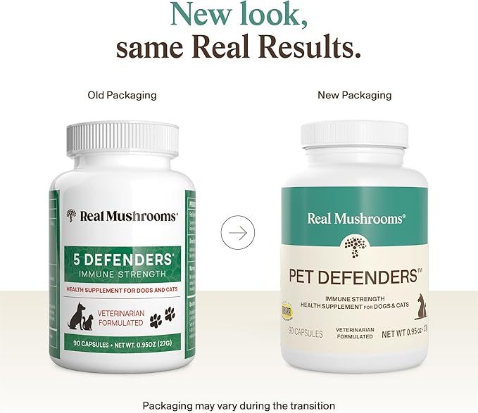5 Defenders Mushroom Supplement for Cats & Dogs – Chaga, Shiitake, Reishi, Turkey Tail, Maitake – Cat Multivitamin & Dog Supplement for Wellness Support– 90 ct Real Mushrooms Powder Capsules
