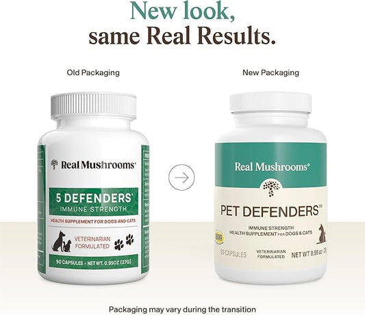 5 Defenders Mushroom Supplement for Cats & Dogs – Chaga, Shiitake, Reishi, Turkey Tail, Maitake – Cat Multivitamin & Dog Supplement for Wellness Support– 90 ct Real Mushrooms Powder Capsules