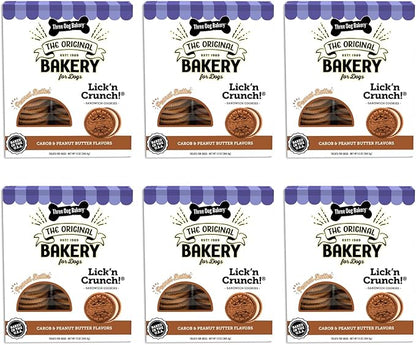 Three Dog Bakery Lick'n Crunch Baked Dog Treats, Carob and Peanut Butter Flavor, 13 Ounce Box, 6-Pack (114059)