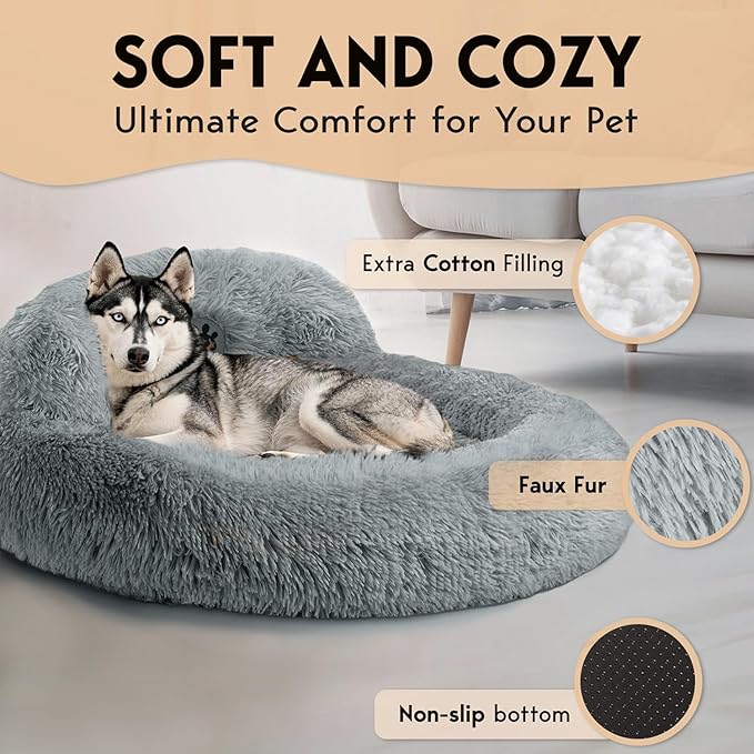 PetJett Calming Dog Beds Large Sized Dog - 36'' Round Bed, Anti-Slip & Washable Super Soft Donut Bed, Fluffy Faux Fur Anti-Anxiety Premium Comfort Pet Bed, Fits Dogs up to 80 lbs - Bright Grey